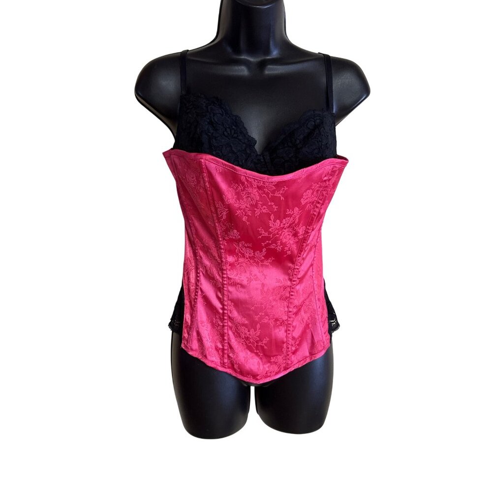Pink & Black Fredricks of Hollywood M Lace Floral Corset Top - Picture 1 of 9